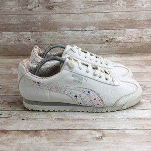 Puma Shoes Mens 8.5 White Leather Athletic Comfort Walking Shoes Roma Splatter